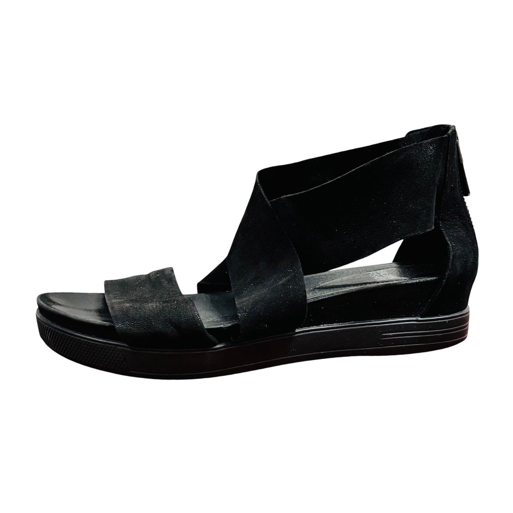 Eileen Fisher Womens Black Leather Crisscross Platform Sandals Size 8.5 Zip Back
